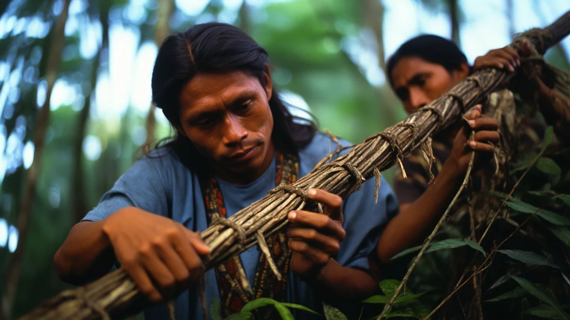 Indigenous man harvesting plants in the jungle, showcasing ancestral gathering techniques alongside another community member