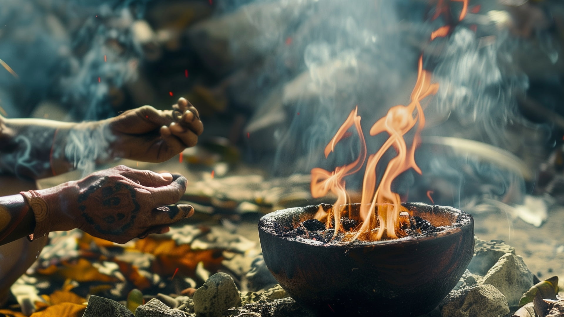 Manos tatuadas realizando un ritual espiritual con un cuenco de fuego y humo en un entorno natural.