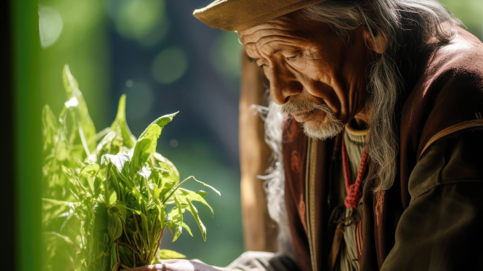 Andean elder with long gray hair, focused on a sacred herb ritual, holding a bundle of fresh green leaves, with a serene expression and traditional attire.