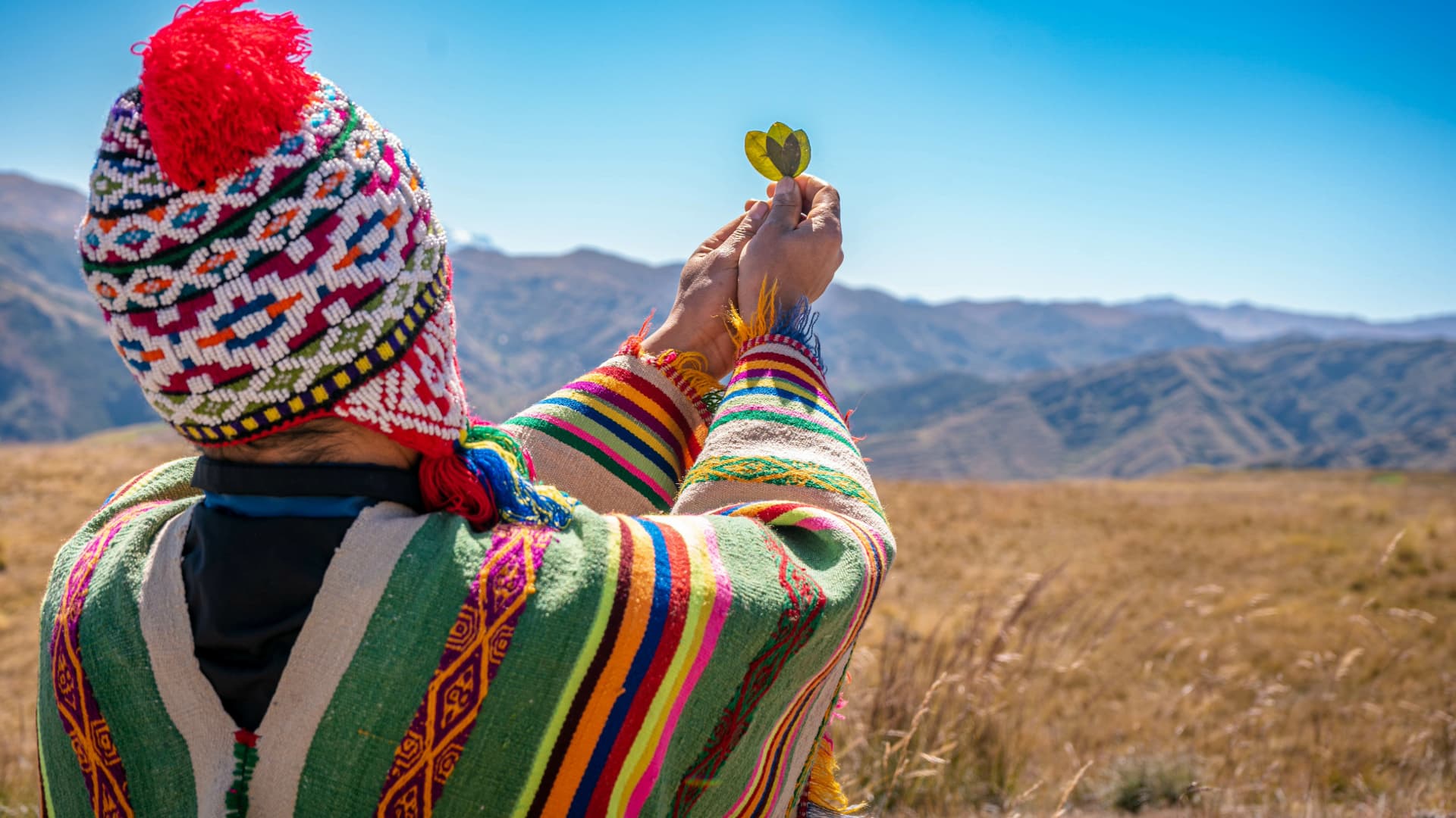 Man in traditional Andean attire holding coca leaves as an offering to the mountains in a spiritual ritual.