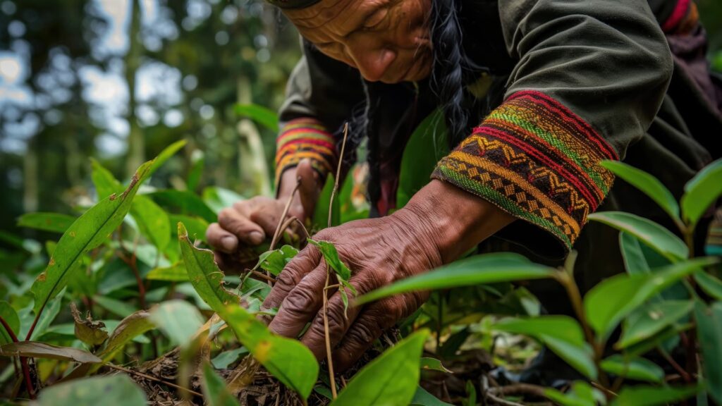 Indigenous healer gathering medicinal plants in the Amazon rainforest as part of an ancestral traditional medicine ritual