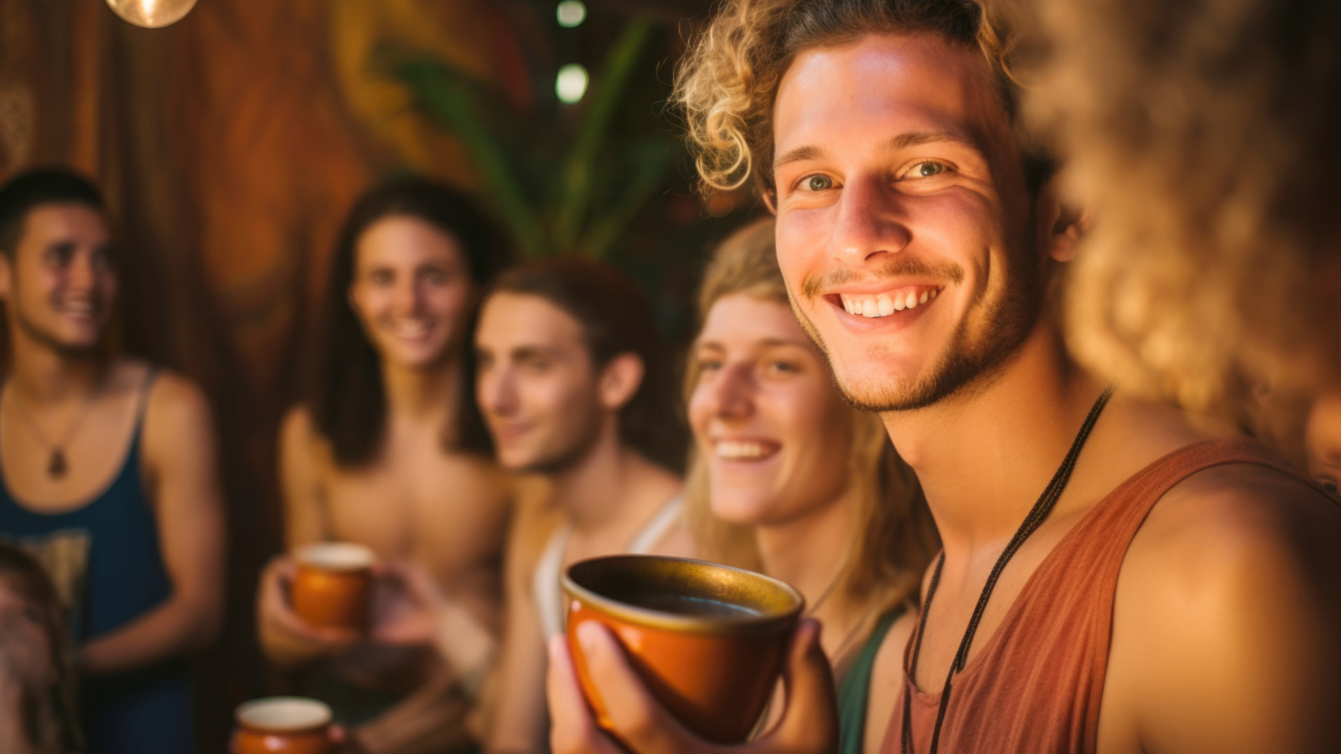 Smiling young people holding traditional cups, enjoying a cultural gathering in a warm, festive atmosphere