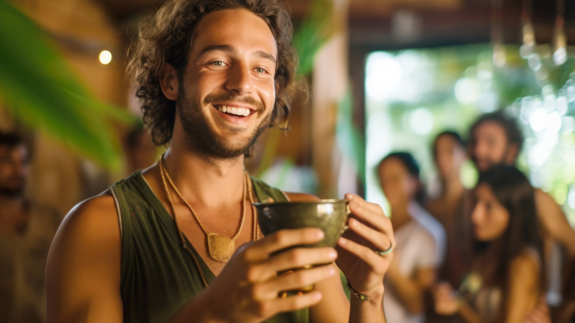 Man with a cup, celebrating culture and connection at a community event with others in the background.