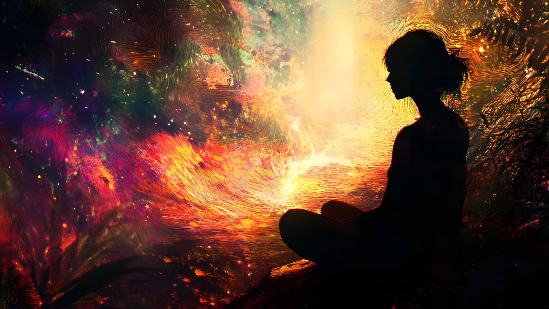 Silhouette of a person meditating with a colorful cosmic background, filled with swirling patterns and vivid light, representing a tranquil connection to the universe.