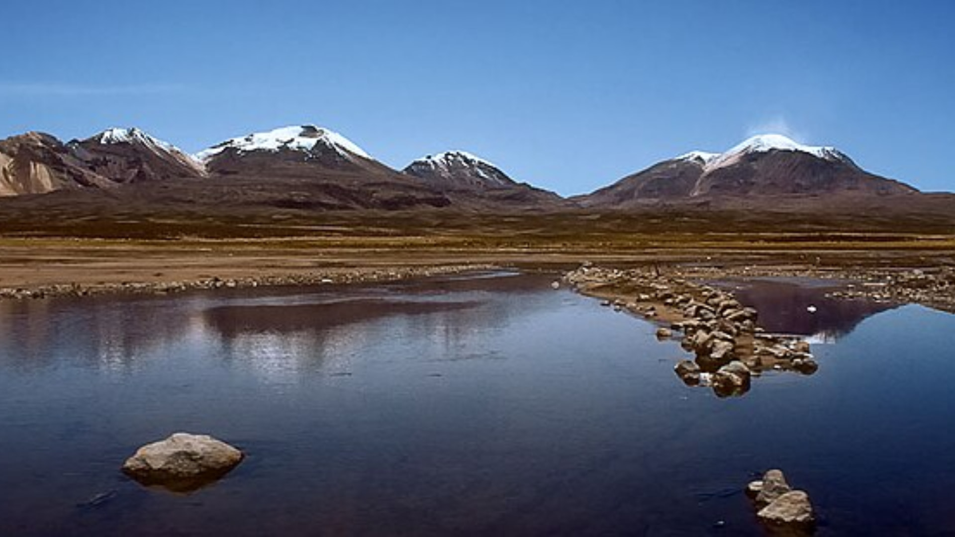 Andean highlands landscape with snow-capped mountains and a tranquil lake under a clear sky.