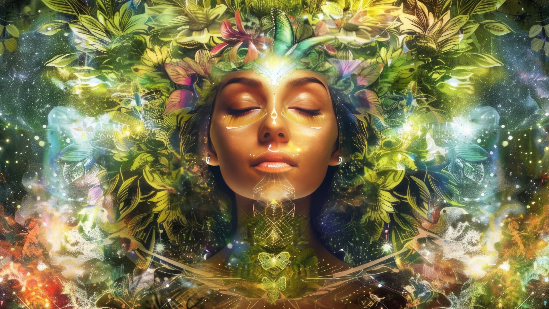 Woman with closed eyes surrounded by vibrant leaves and natural elements, representing a deep spiritual connection with nature.