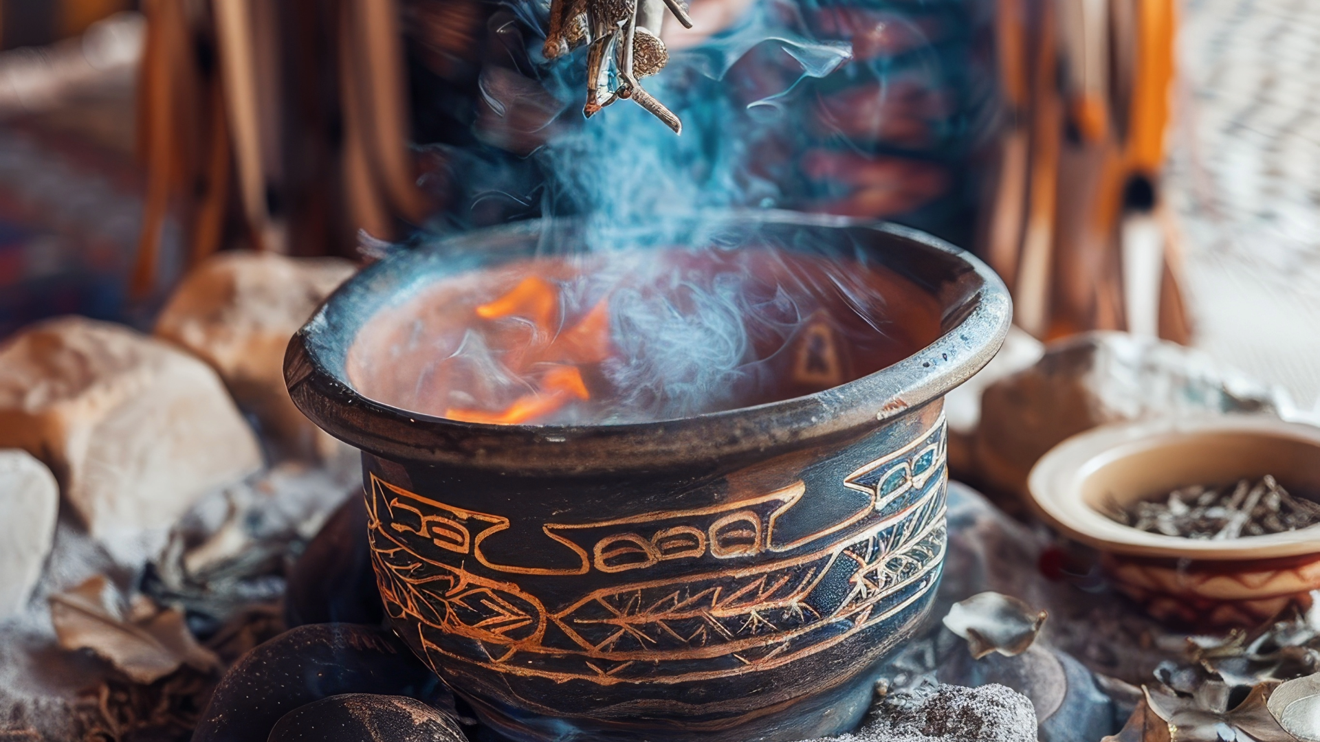 Close-up of an Andean incense burner with decorative patterns, emitting smoke from burning herbs, used in traditional spiritual rituals.