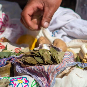 Hand arranging coca leaves, corn, and local produce in a traditional Andean offering ritual.