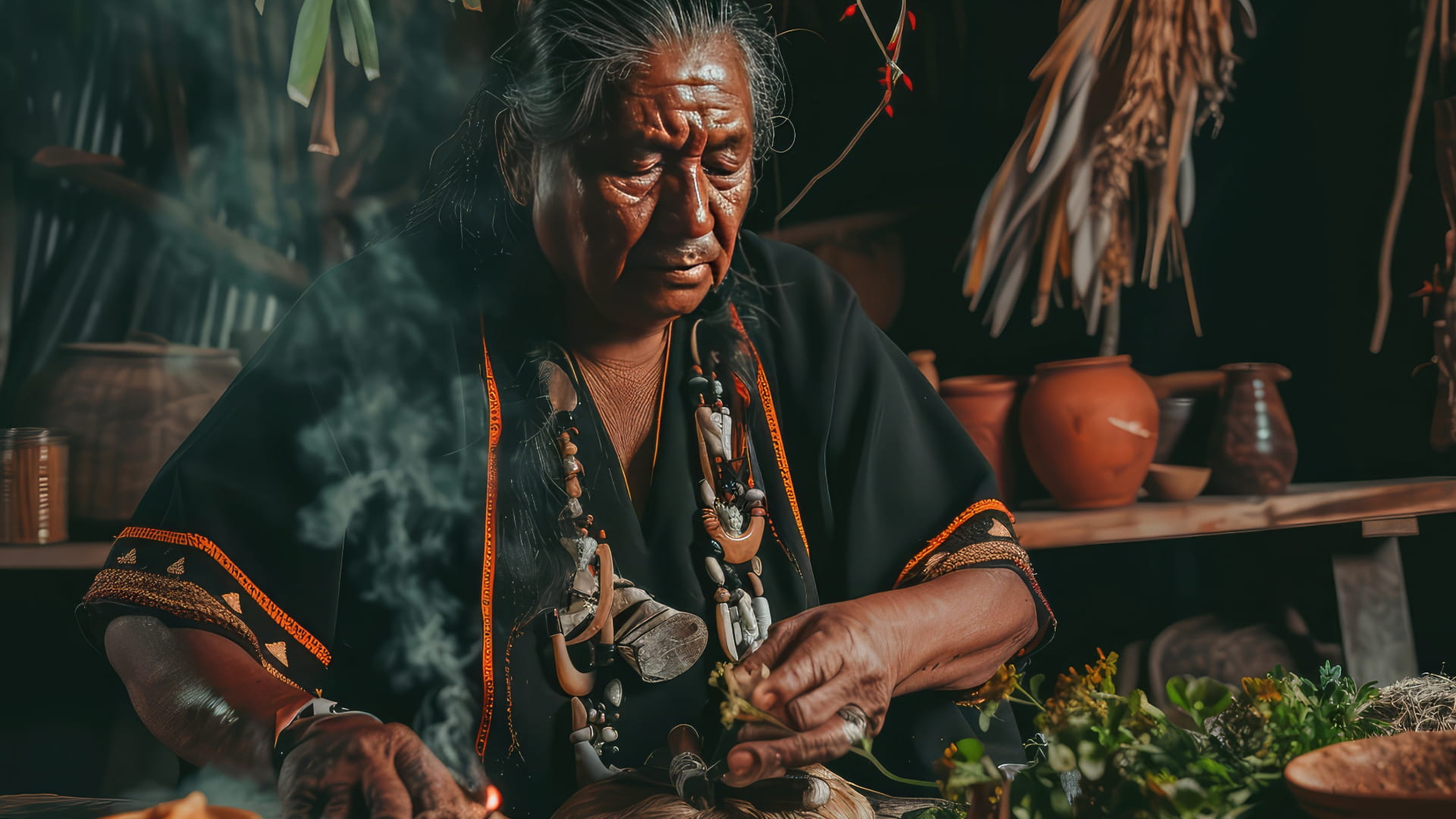 Andean shaman wearing traditional attire performs a ritual with sacred herbs, surrounded by ancient artifacts and natural elements.