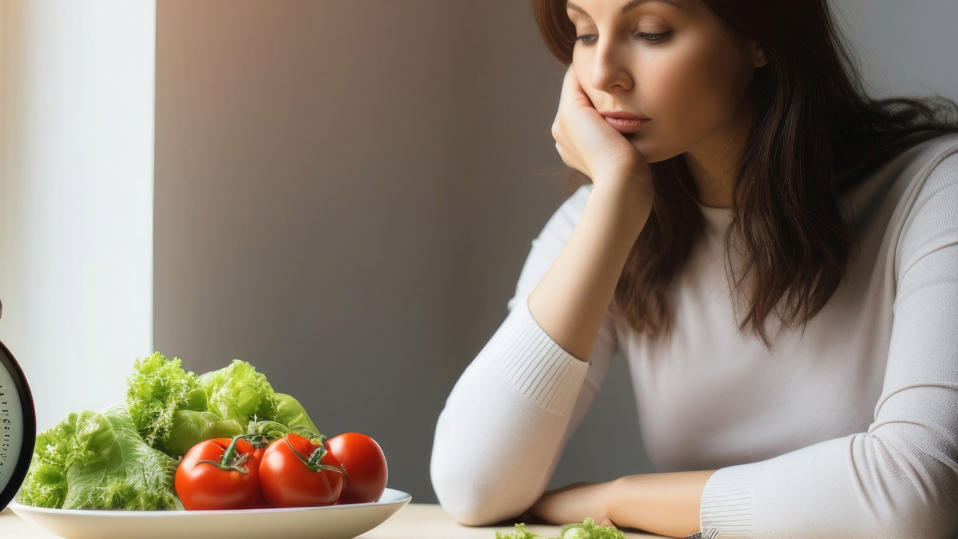 Woman looking thoughtfully at a plate of fresh lettuce and tomatoes, symbolizing contemplation of healthy eating.