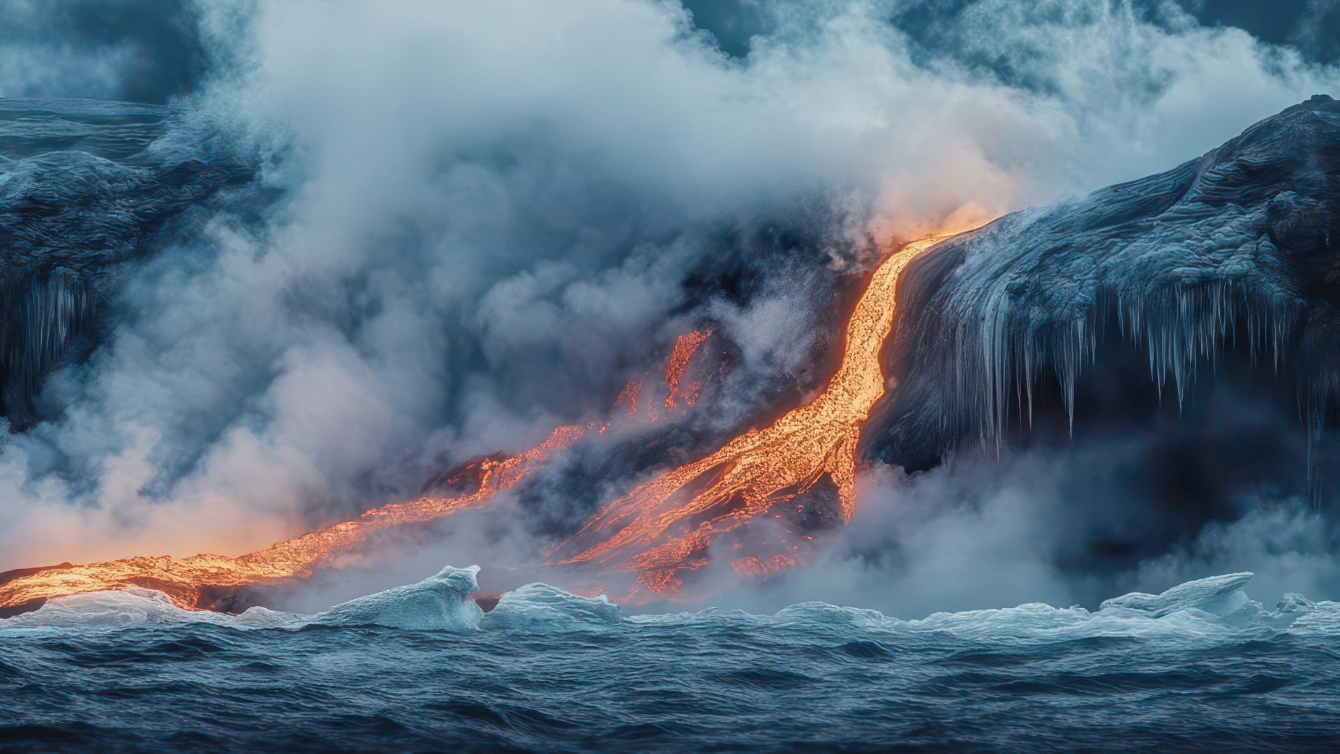 Intense image of hot lava cascading into the ocean, surrounded by dense steam, capturing the raw power and contrast of fire and water in nature. 