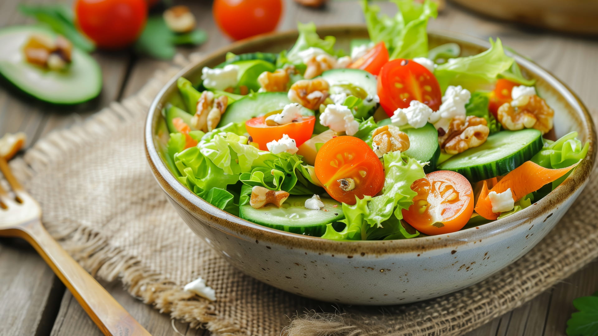 Bowl of fresh salad with cherry tomatoes, cucumber, lettuce, walnuts, and crumbled feta cheese on a rustic cloth background.