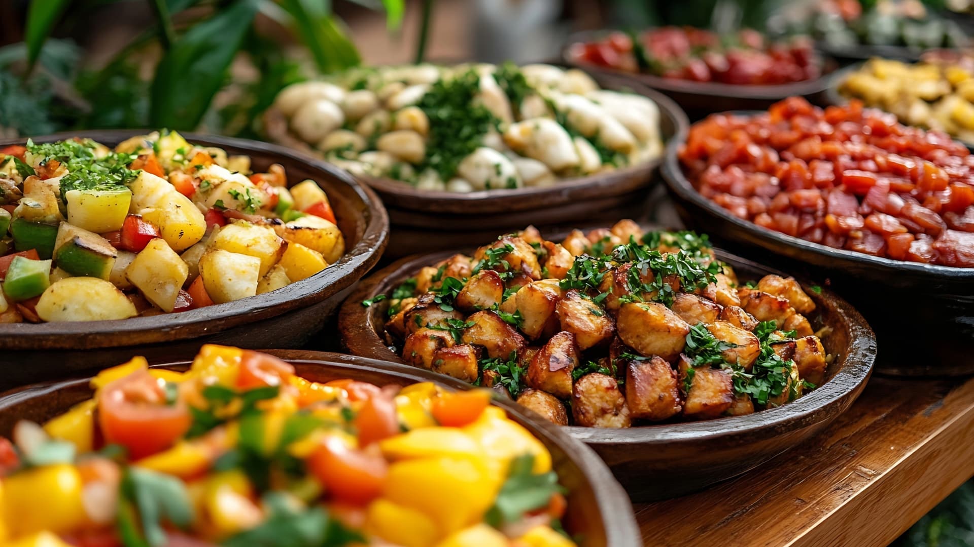 A display of various dishes with roasted vegetables, herbs, and colorful ingredients arranged in rustic bowls, showcasing a healthy and appetizing meal setup.