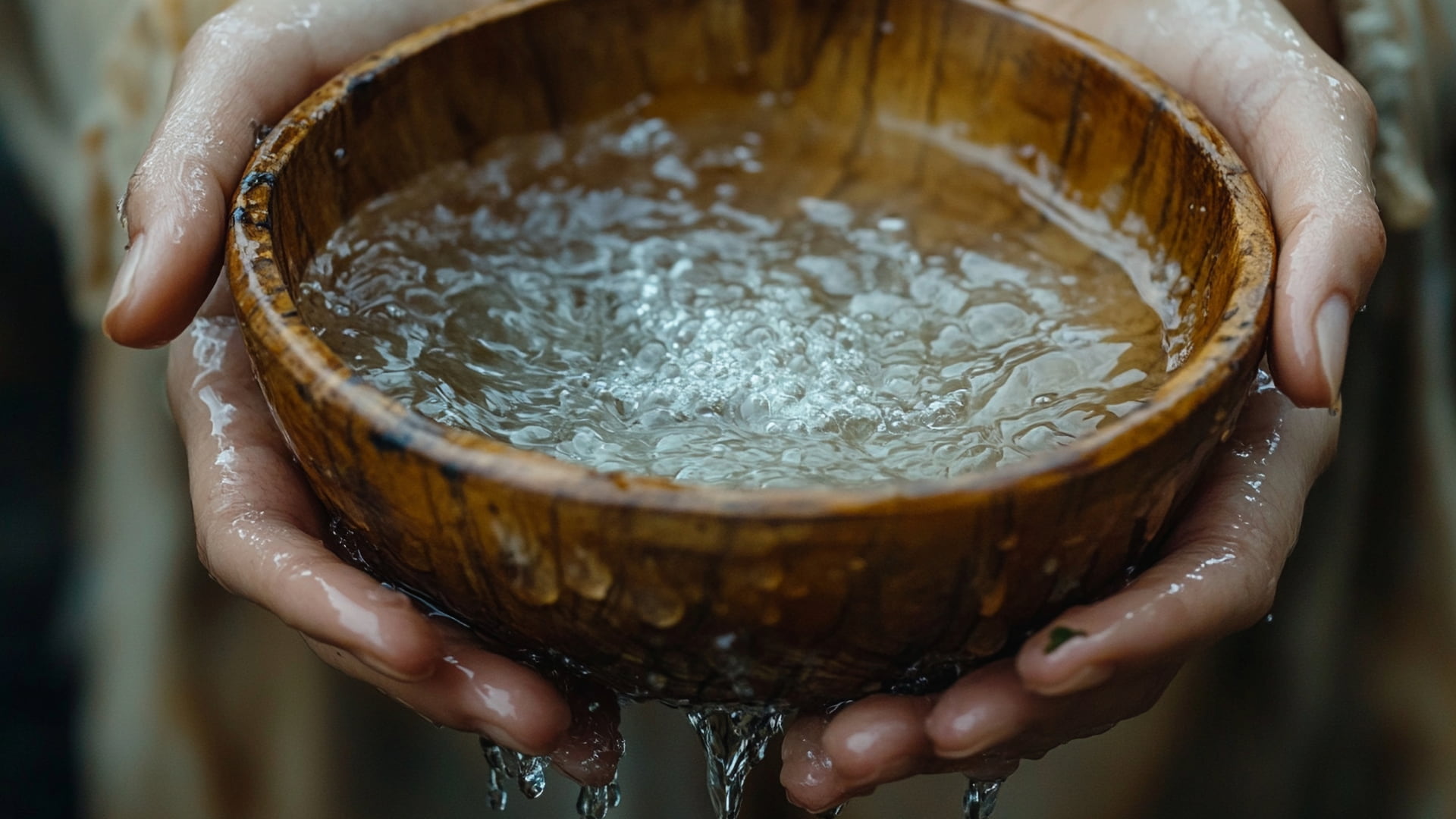 Pair of hands carefully holding a wooden bowl filled with water, with droplets spilling over, capturing a moment of purity, ritual, and connection to nature. 