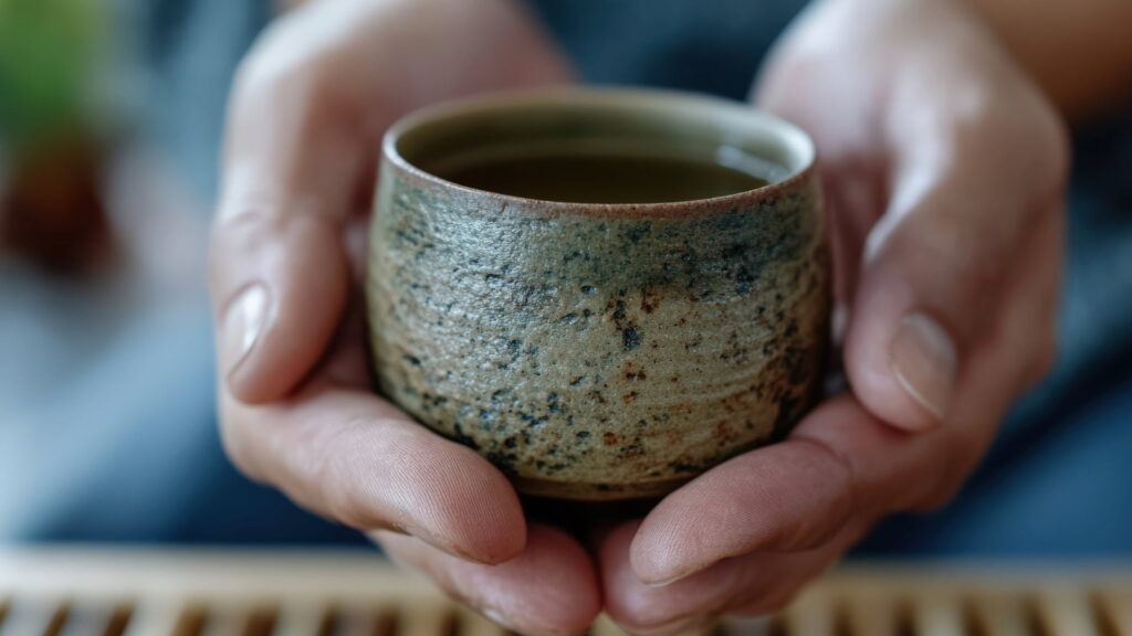 Hands holding a rustic ceramic tea cup filled with tea, capturing a moment of calm and connection with tradition.