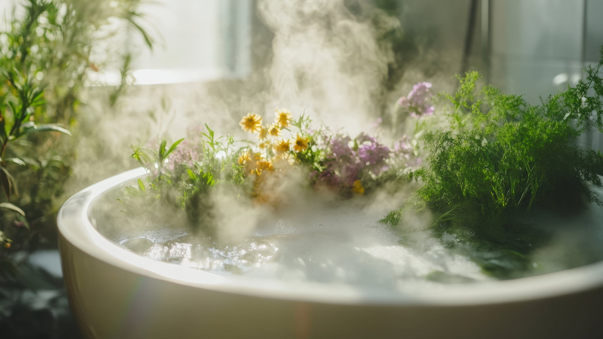 Herbal steam bath with fresh flowers and green herbs, releasing steam and creating a calming, healing ambiance, perfect for relaxation and rejuvenation.