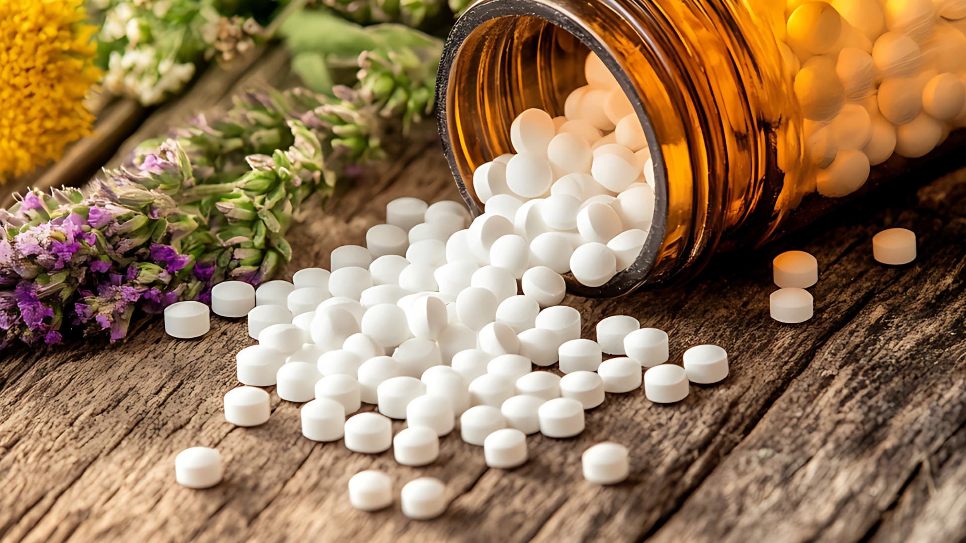 Small white homeopathic pills spilling from a brown glass bottle, with fresh herbs and flowers in the background on a wooden surface.