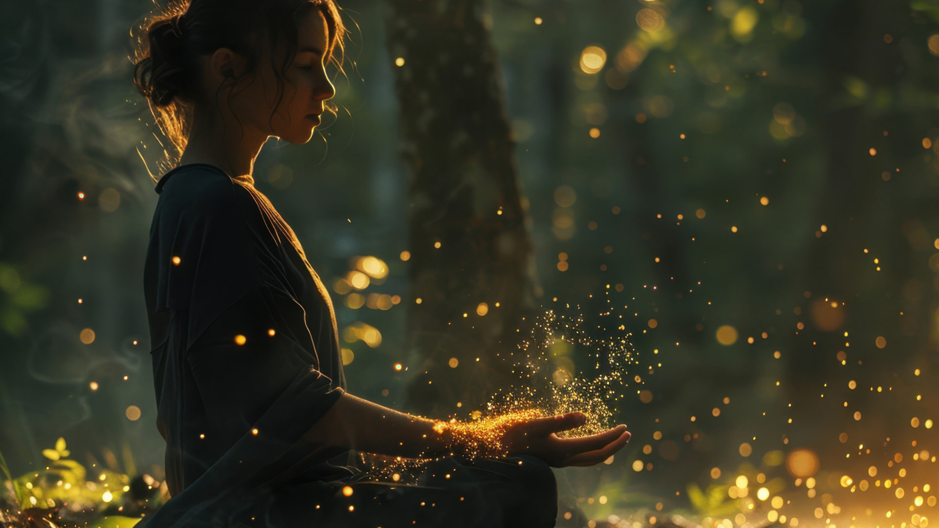 Woman meditating in a forest, holding golden light particles in her hands, symbolizing a mystical connection with nature.