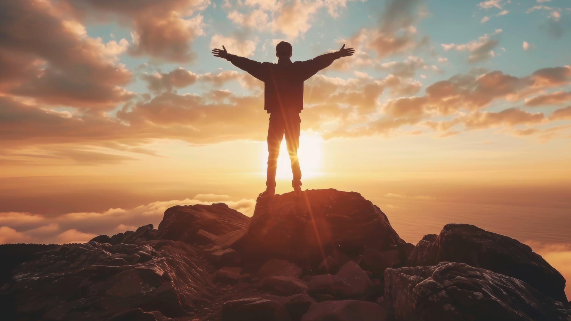 A person with arms spread standing on a mountain summit at sunrise, surrounded by clouds and a colorful sky.