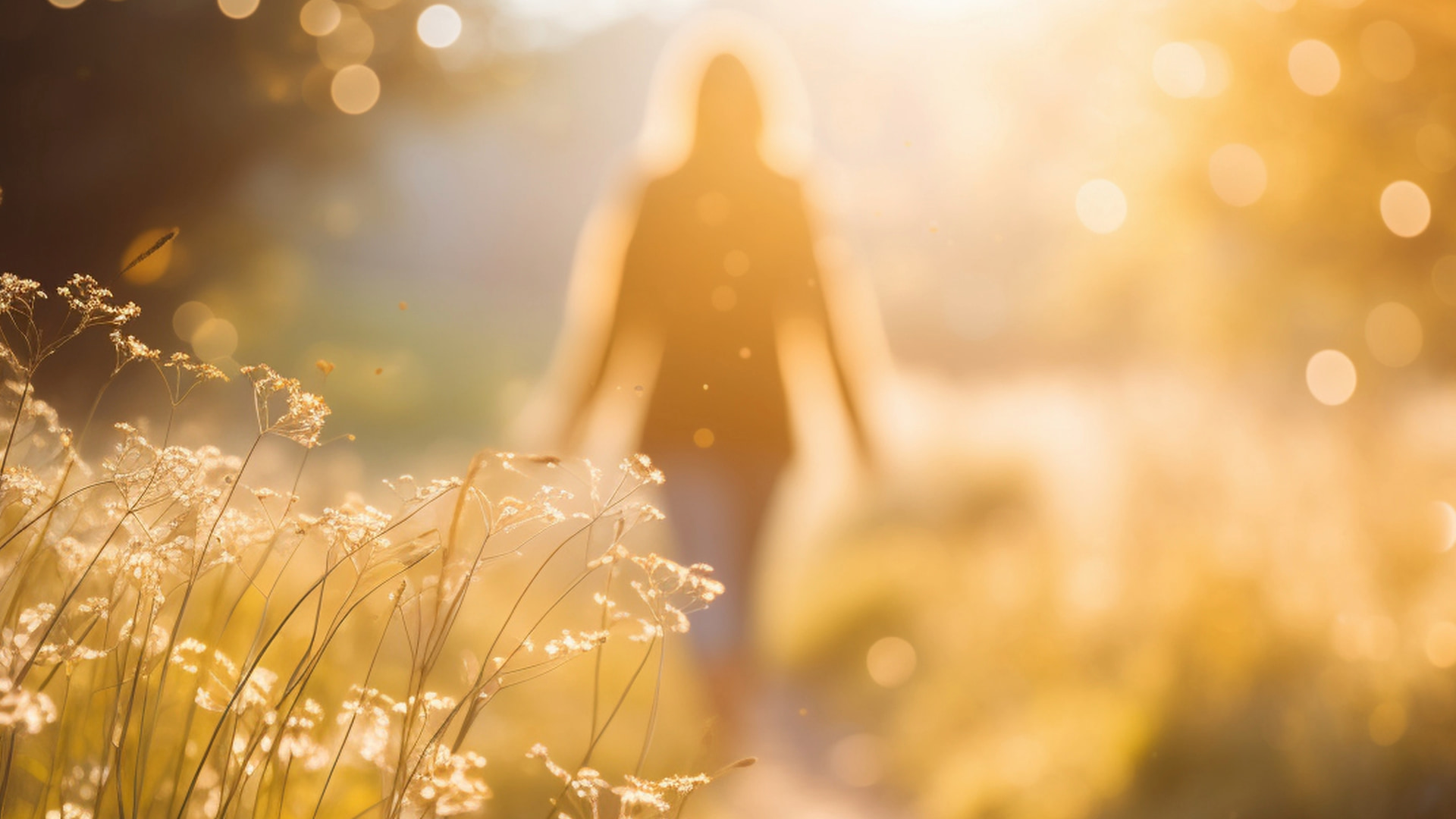 Silhouetted person walking through a field with wildflowers, surrounded by a warm golden light in the late afternoon.