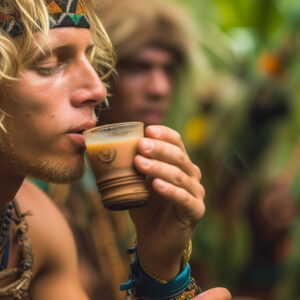 Man drinking a traditional herbal brew in a sacred ceremony, representing spiritual connection and ancient practices.