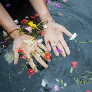 Hands submerged in water with colorful flower petals floating around, symbolizing a sacred ritual or ceremony.