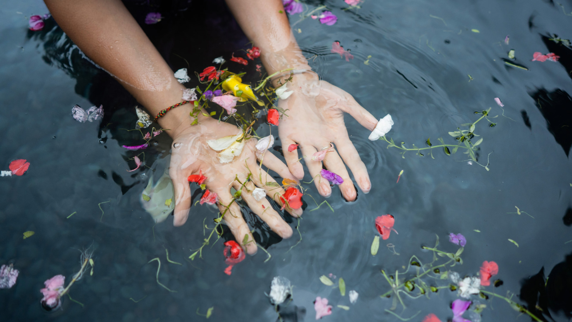 Hands submerged in water with colorful flower petals floating around, symbolizing a sacred ritual or ceremony.