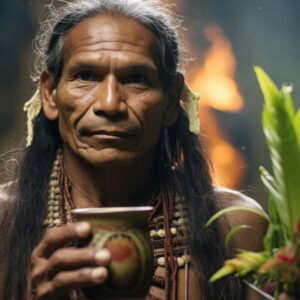 Indigenous shaman with traditional attire holding a ceremonial drink and sacred plant, with fire and nature in the background.