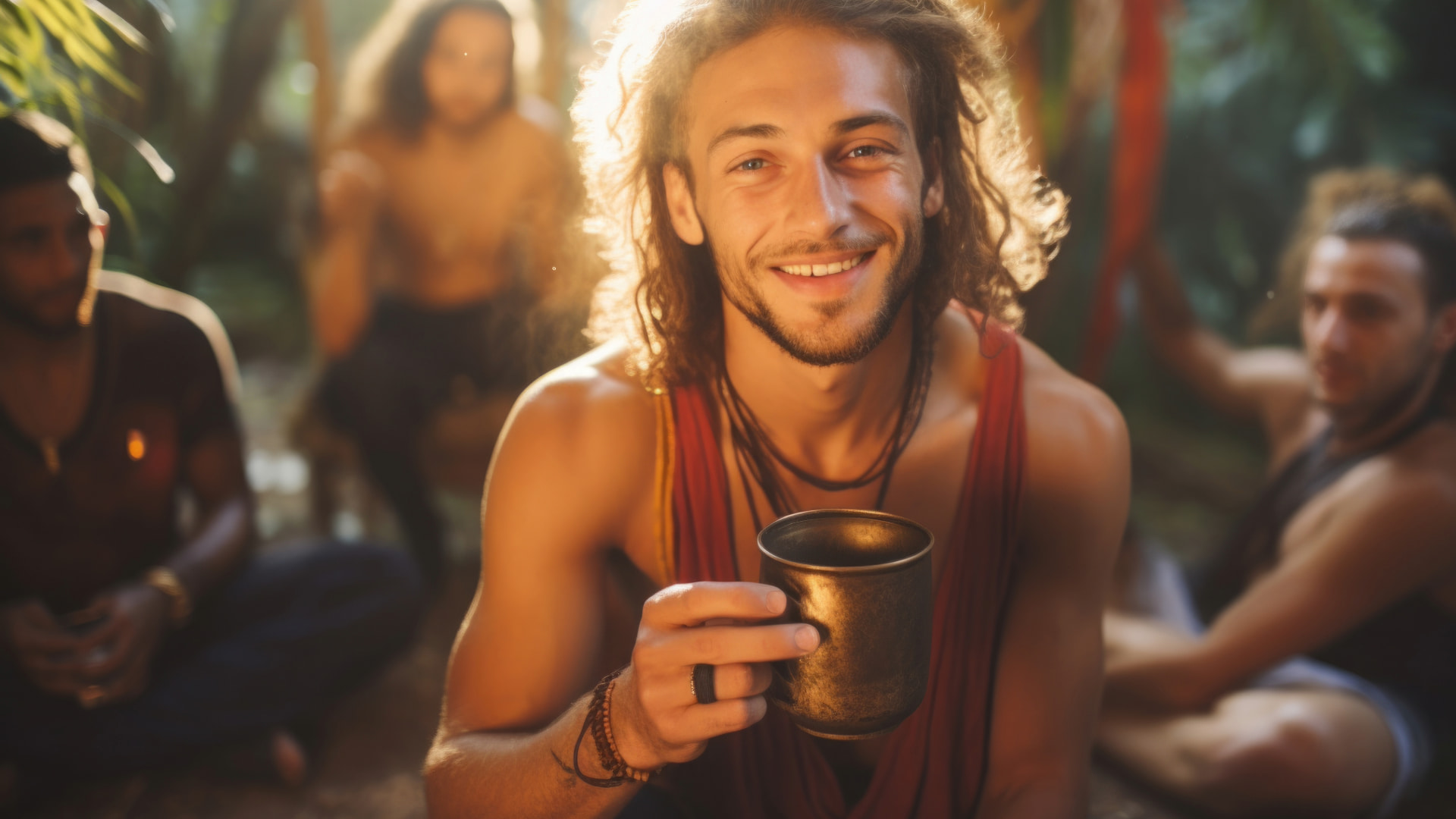 Young man with a joyful expression holding a ceremonial cup, seated among a group in a natural, serene environment, symbolizing community and spiritual practice.