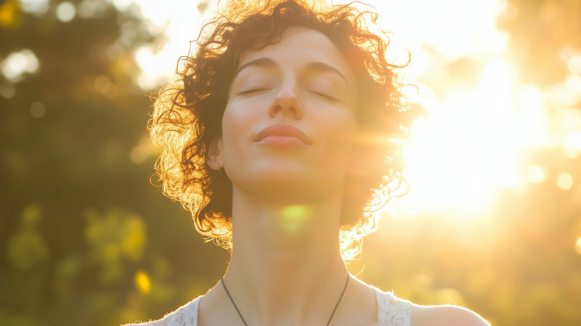 Woman with curly hair and closed eyes, peacefully embracing sunlight with a gentle smile, set against a soft natural background.