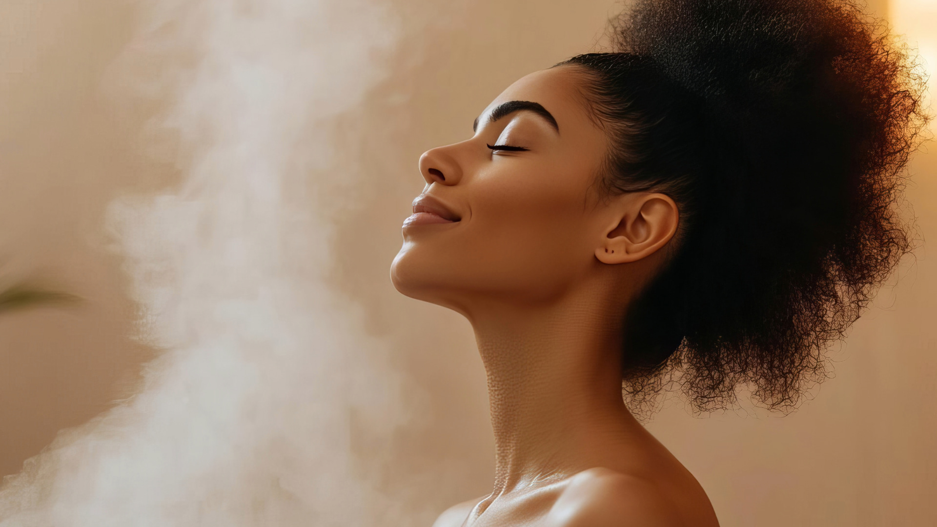 Woman with a calm expression and closed eyes, surrounded by gentle steam, experiencing the soothing effects of steam therapy for relaxation and rejuvenation.