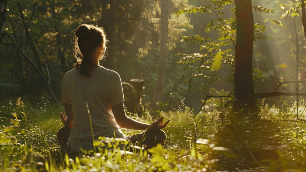 Woman meditating outdoors in a peaceful forest clearing, bathed in gentle sunlight, symbolizing harmony and connection with nature.